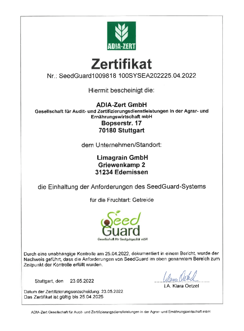 Limagrain ist zertifiziert gemäß SeedGuard-System für Getreide
